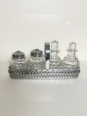 Vintage pressed glass salt pepper and cruet set filigree silver chrome caddy